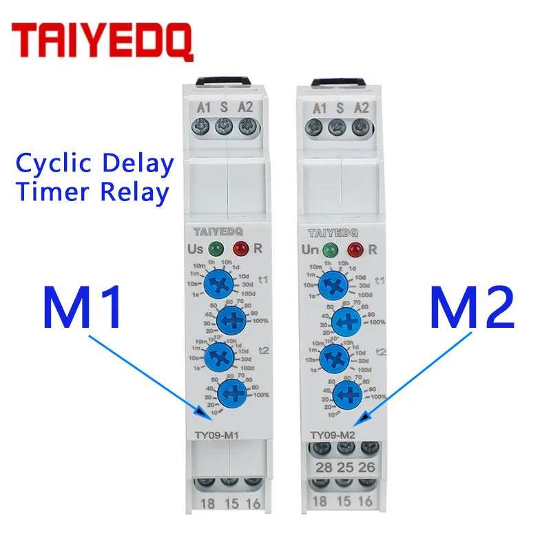 TY09-M1 M2 Cyclic Delay Timer Relay Switch SPDT 220V 16A AC/DC12V-240V 50/60Hz 0.1s-100 Days 2SPDT Din Rail