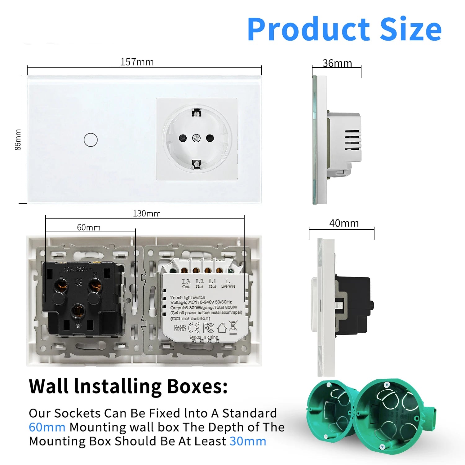 Touch Light Switch With EU Socket 1 Gang 2 Way Wall Light Switch LED Sensor Tempered Glass Interrupter EU Standard 240V