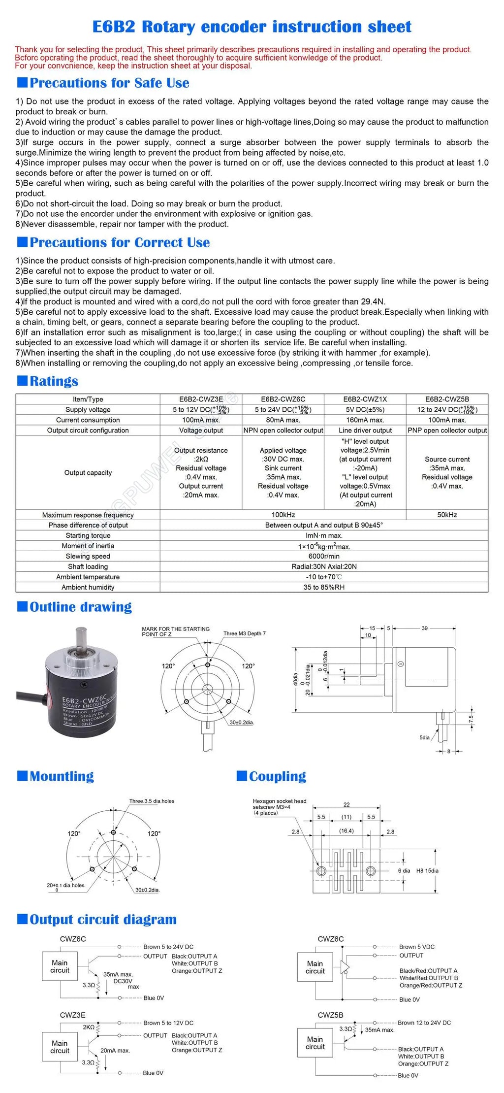 E6B2CWZ6C Encoder 20 30 40 60 100 200 360 400 500 600 1000 1024 1800 2000 2500P/R 5-24v E6B2-CWZ6C Rotary Encoder