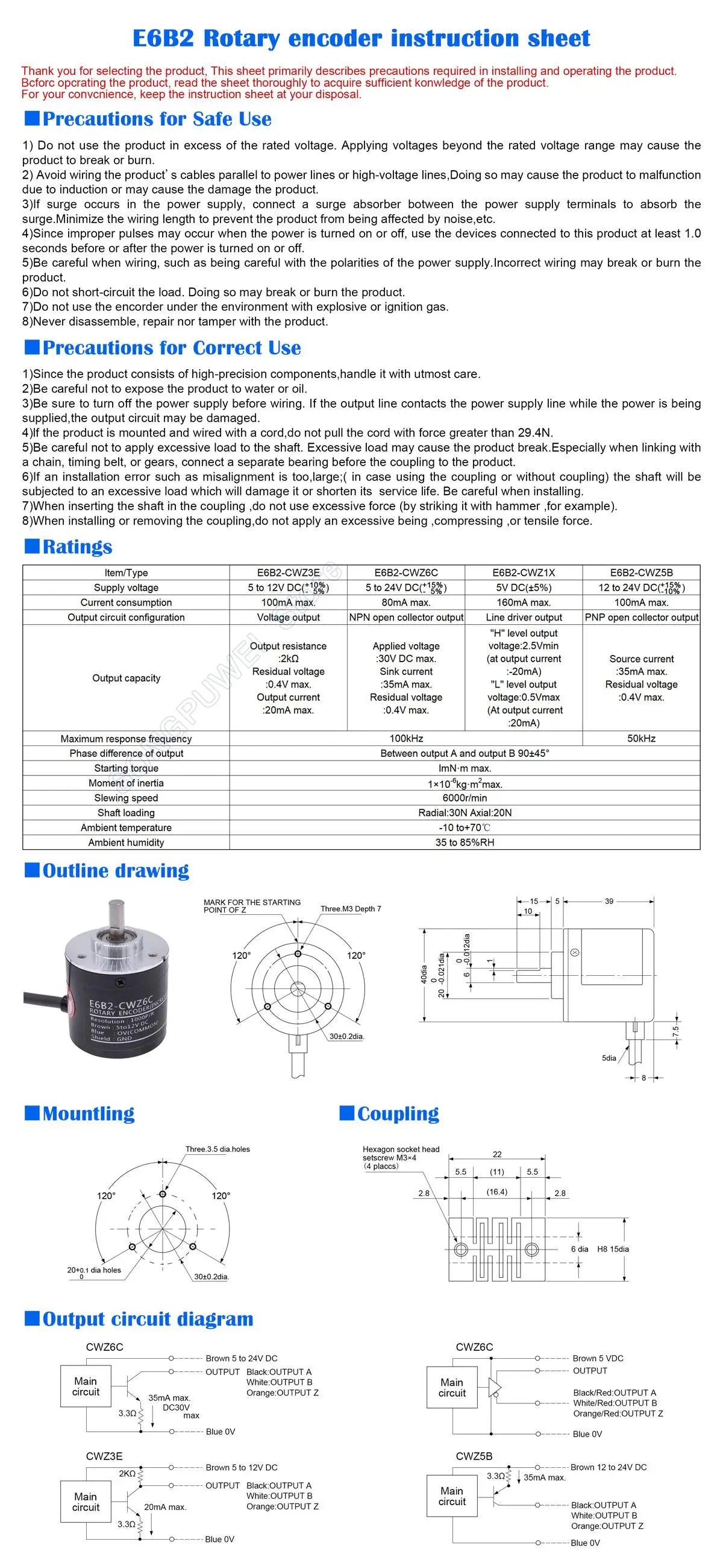 E6B2CWZ6C Encoder 20 30 40 60 100 200 360 400 500 600 1000 1024 1800 2000 2500P/R 5-24v E6B2-CWZ6C Rotary Encoder