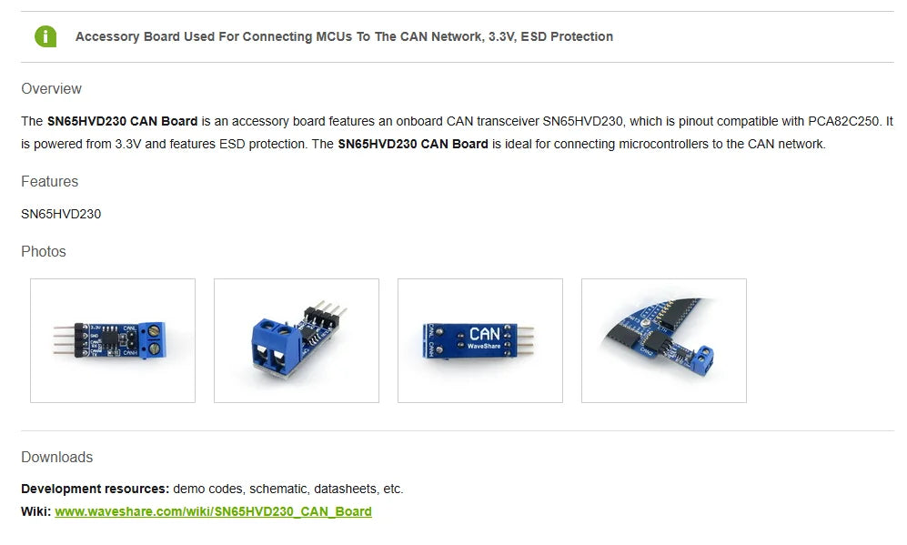 2pcs Waveshare SN65HVD230 CAN Board, Onboard CAN Transceiver SN65HVD230, 3.3V, ESD Protection