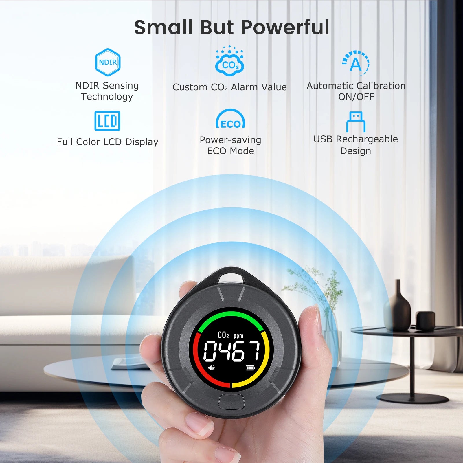 INKBIRDPLUS Portable CO2 Detector Mini Indoor CO2 Monitor NDIR Sensor with Full Color LCD Indicator Light Alarm for Home Office