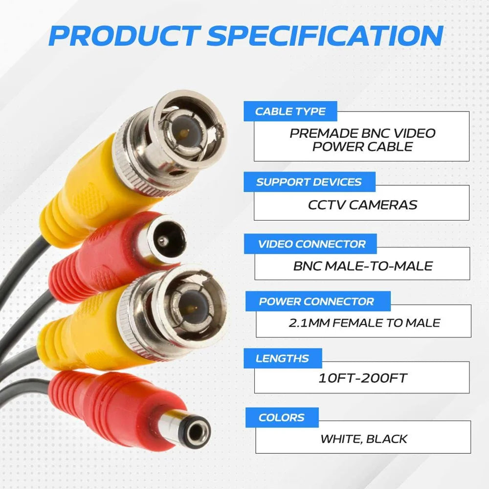 BNC Video Power Cable Extension Wire 5M/10M/20M/30M 2 IN 1 BNC+DC Connector for CCTV, Security Camera, DVR, Surveillance System