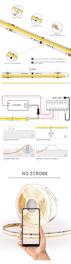 COB SPI WS2811 IC CCT LED Strip Light Addressable 576LEDs 2700K to 6500K 10mm DC24V Flexible FOB High Density COB Tape RA90