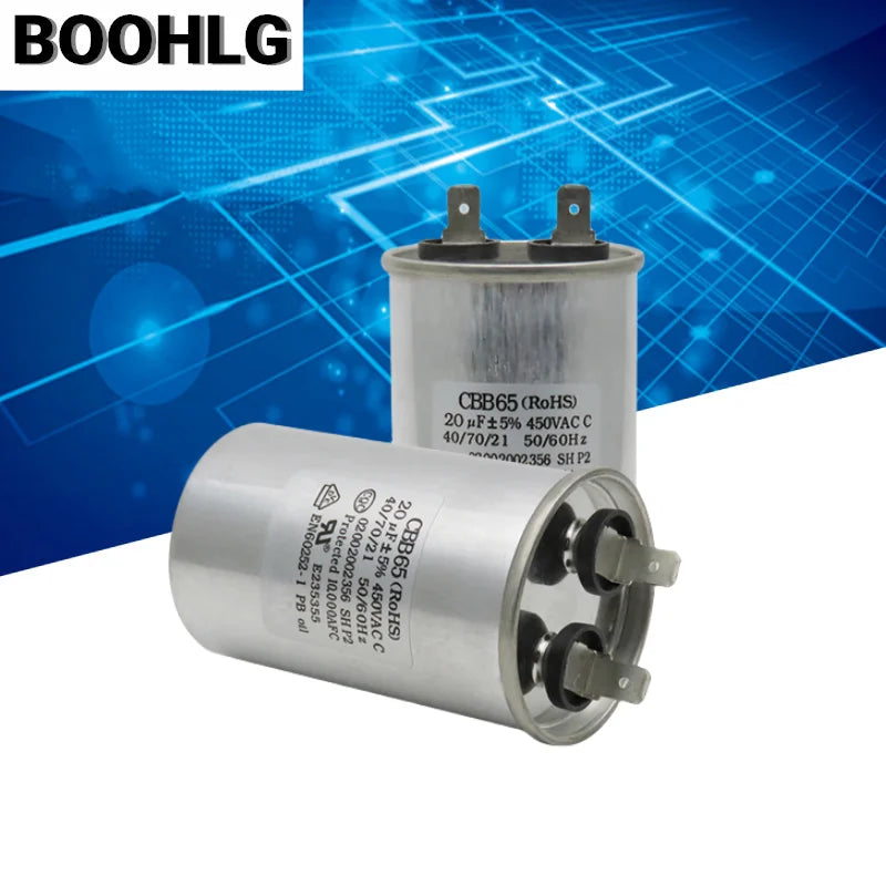 CBB65 SH.S2 450V 20UF Washing Machine Start Capacitor Aluminum Case Single Insert Bottom with Screws