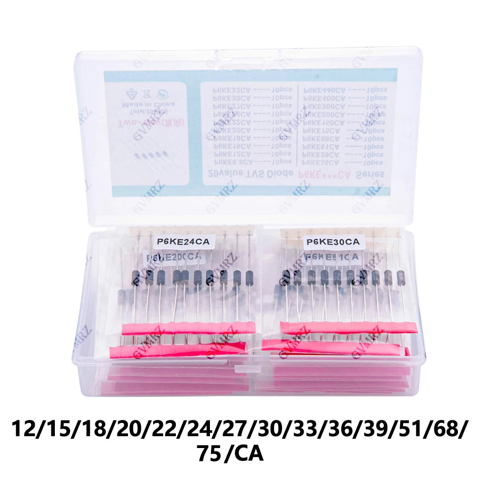 200pcs 20values*10pcs TVS Transistor Kit P6KE6.8CA 12/15/18/20/22/24/27/30/33/36/39/51/68/75CA TVS Diode