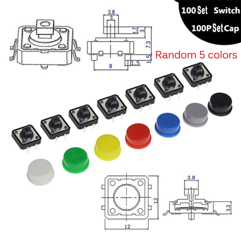 100Set Keycap Tactile Push Button Switch Momentary 12*12*7.3MM Micro Switch Button arduino Assorted Kit For Arduino Raspberry Pi