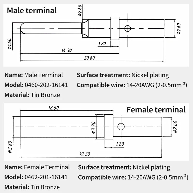 1.5mm Series Pin Contact 0462-201-16141 0460-202-16141 Solid Crimp Terminals – Stainless Steel AWG Male/Female