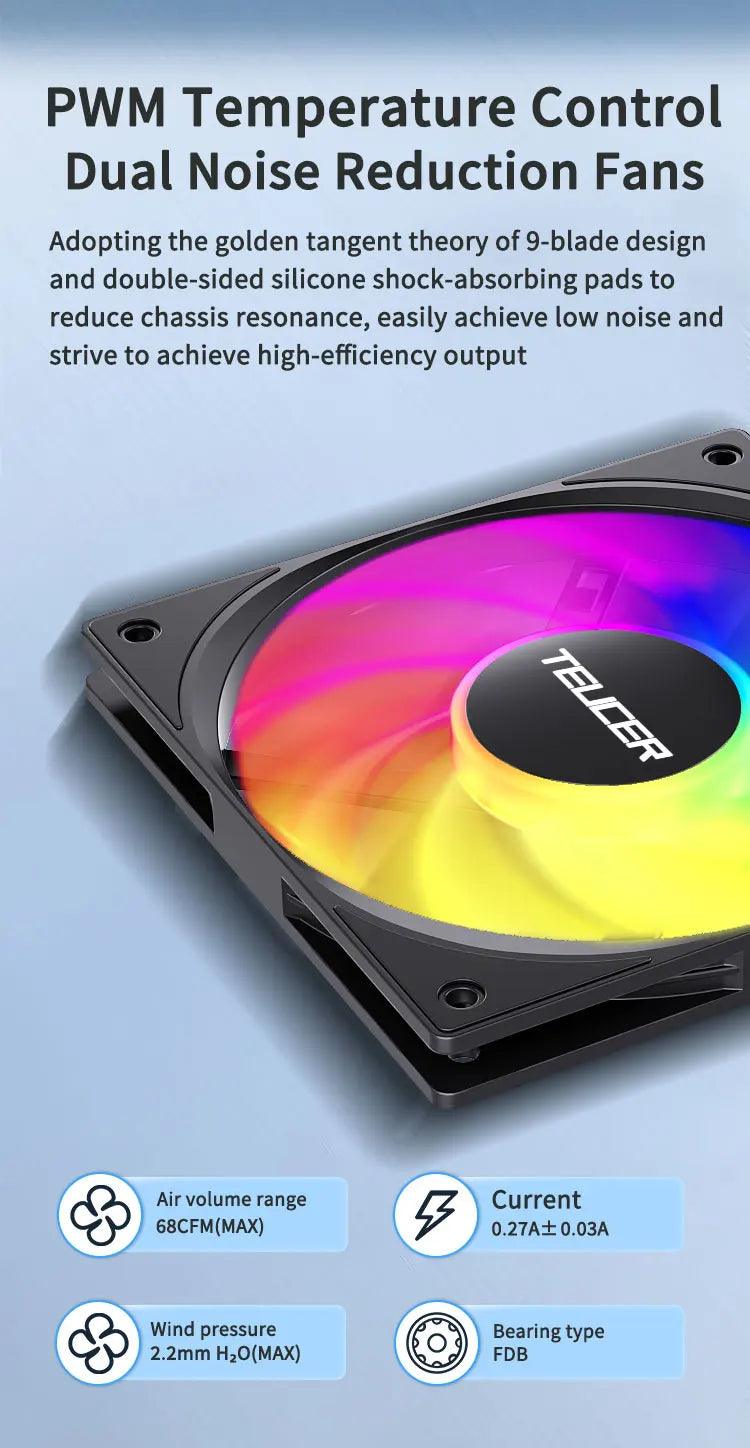 TEUCER ARGB CPU Case Fan 120mm Low Noise Ultra-thin Design 5V 3PIN Motherboard Lighting Sync PWM 800-2400RPM Case Cooler Fan