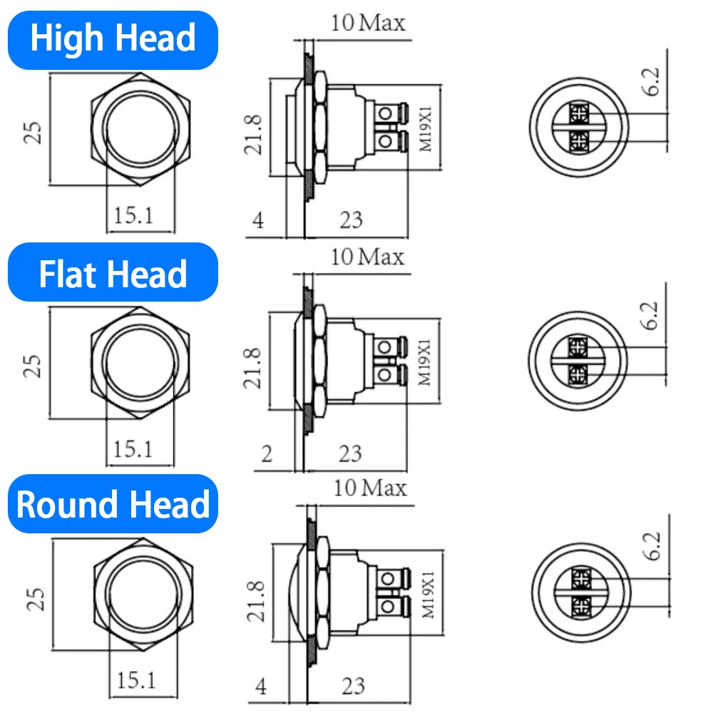 19mm 1NO Momentary High Flat Head Waterproof Reset Metal Push Button Switch Screw Terminal Car Engine Doorbell PC Power Switch