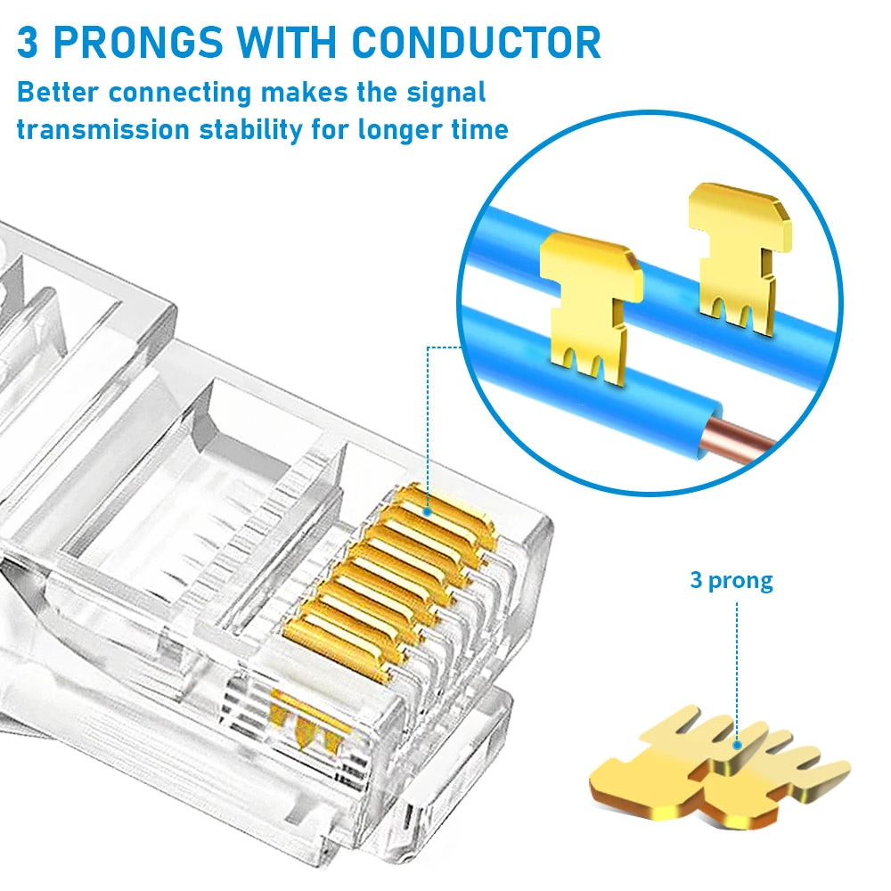 100PCS RJ45 Cat6 Pass Through Connector RJ45 Modular Plugs 1.1mm Hole for Solid or Stranded UTP Cable
