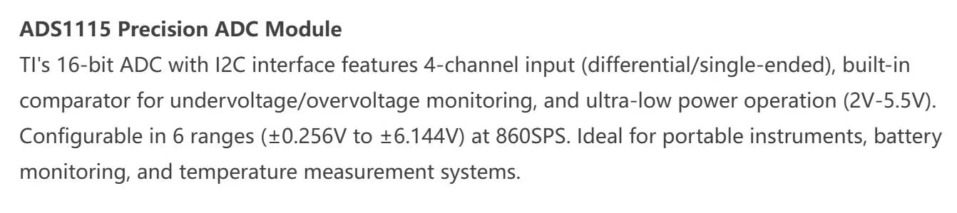 ADS1115 16-Bit 4-Channel I2C ADC Module, High Precision for Sensor Voltage Measurement