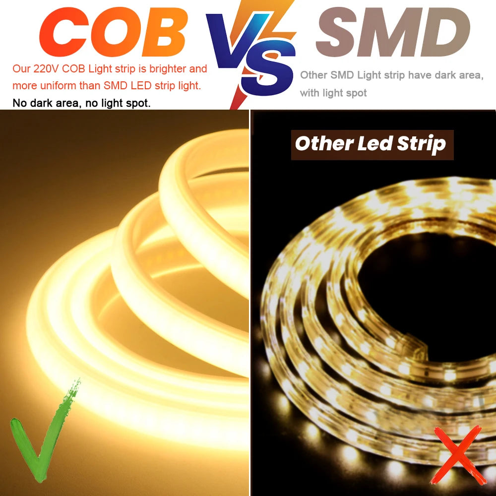 220V Led COB Neon Strip Light Dimmer Switch Power Plug Kit White Blue Pink Red Purple Yellow 5m 20m 30m 0.5m 288LED/m Flex Decor