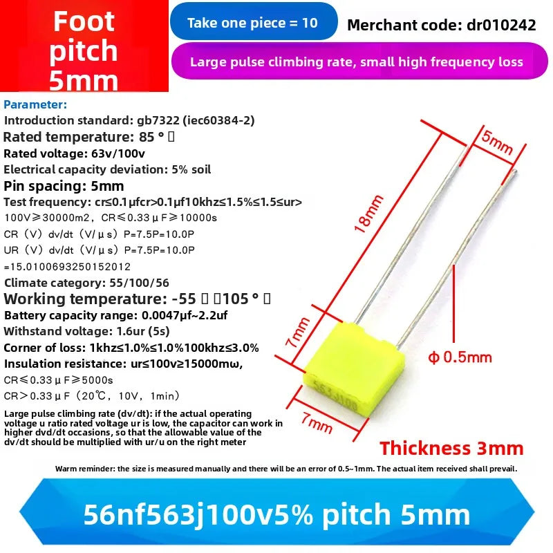 10PCS 100V Correction Capacitor Polypropylene Safety Plastic Film 100V 1nF ~ 470nF 100nf 220nf 10nf 47nf 22nf 1nf 0.47uf 0.1uf