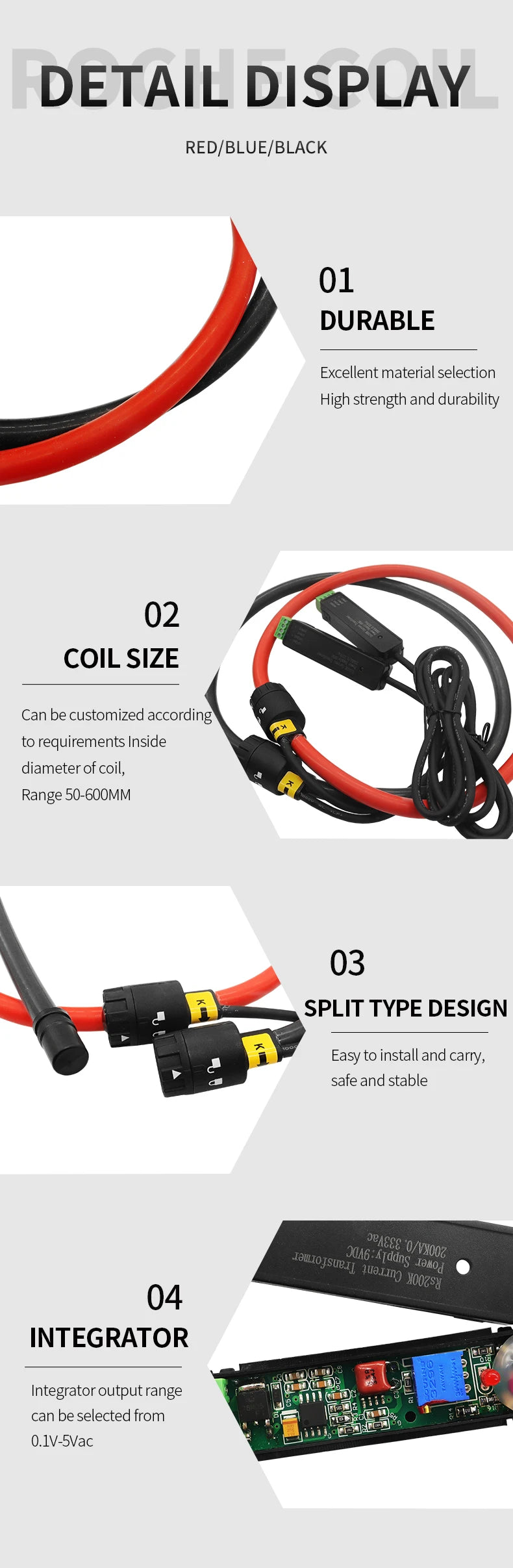 Current sensor coil/flexible Rogowski coil 10A-200kA, output 0.33v /0.5v /1A/4-20mA