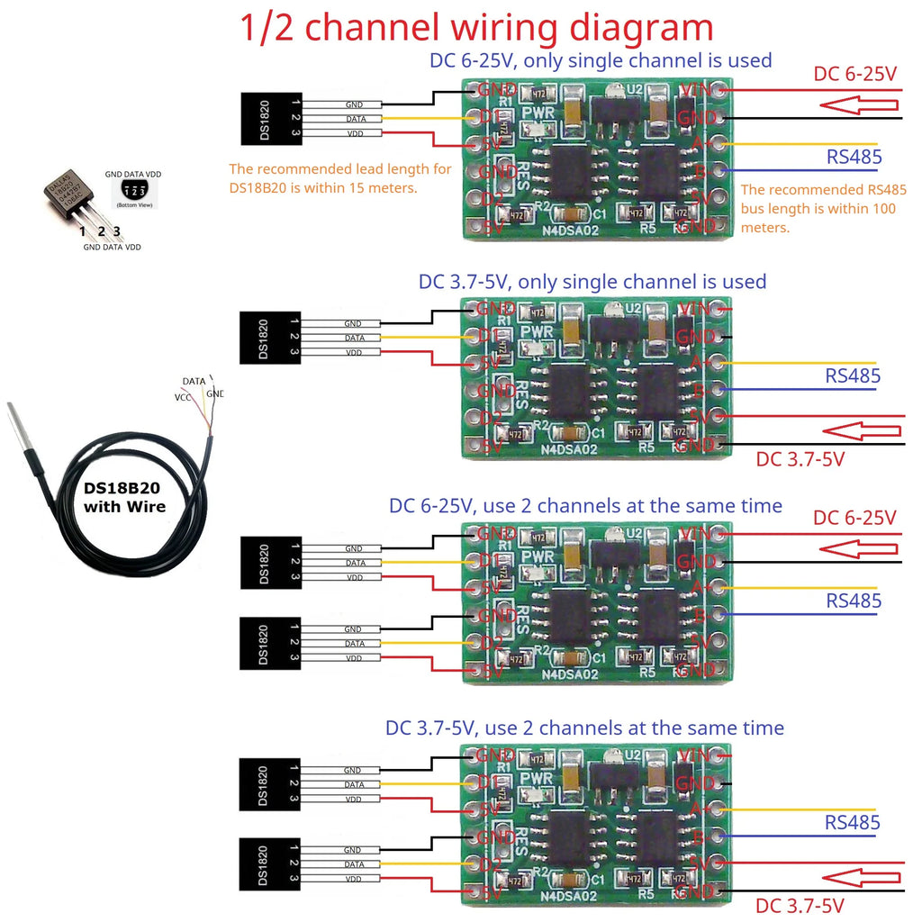 Industrial Dual DS18B20 RS485 Modbus RTU Temperature Module, 5-24V DC, for Smart Home Thermostat & IO