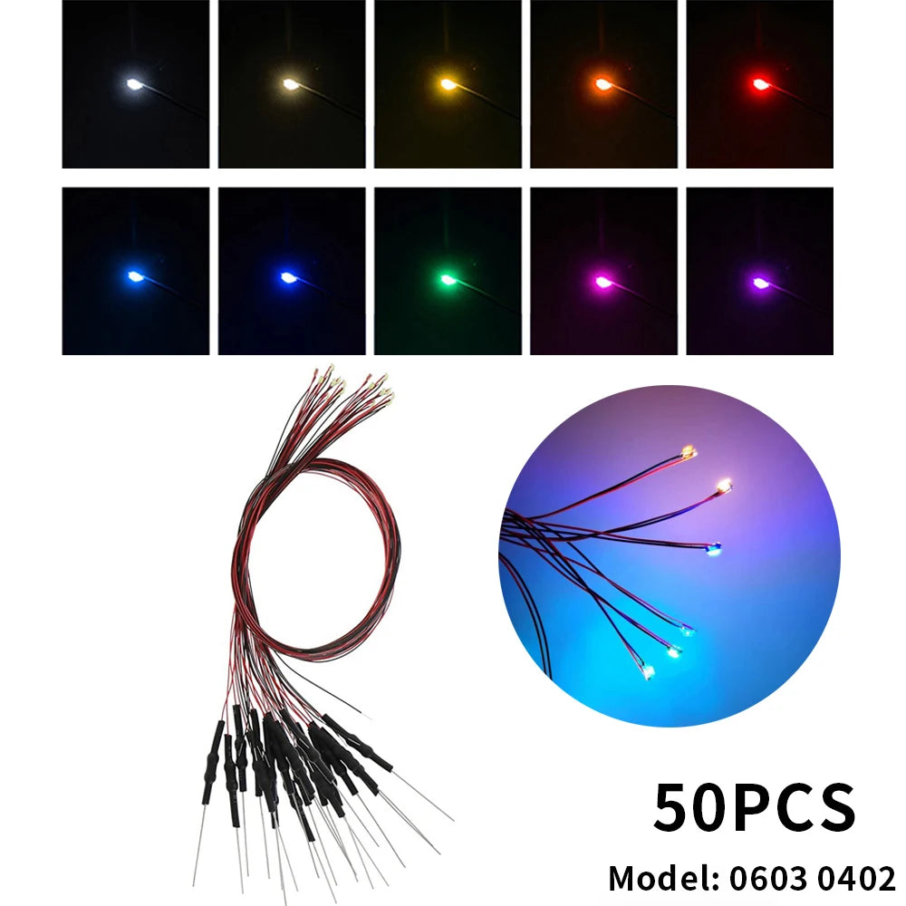 50Pcs 0402 0603 SMD Lamp Wired Micro Litz Led Pre-soldered Chip Wired 12V 30cm Railway Model Toy Light DIY Leads with Resistance