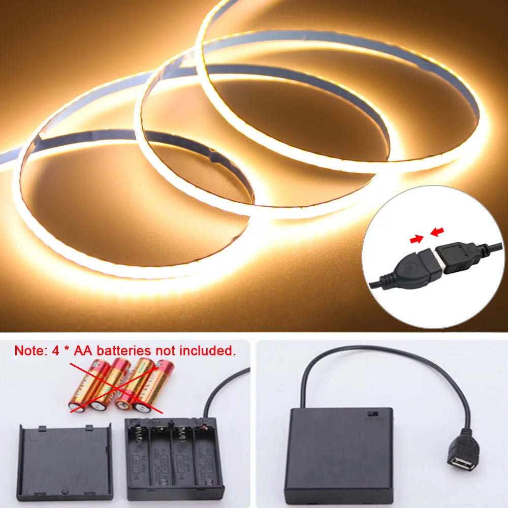 5V USB 3mm PCB COB LED Strip Light with Switch Dimmer Remote Control 320 LEDs High Density Linear Lighting Flexible Tape Lamp