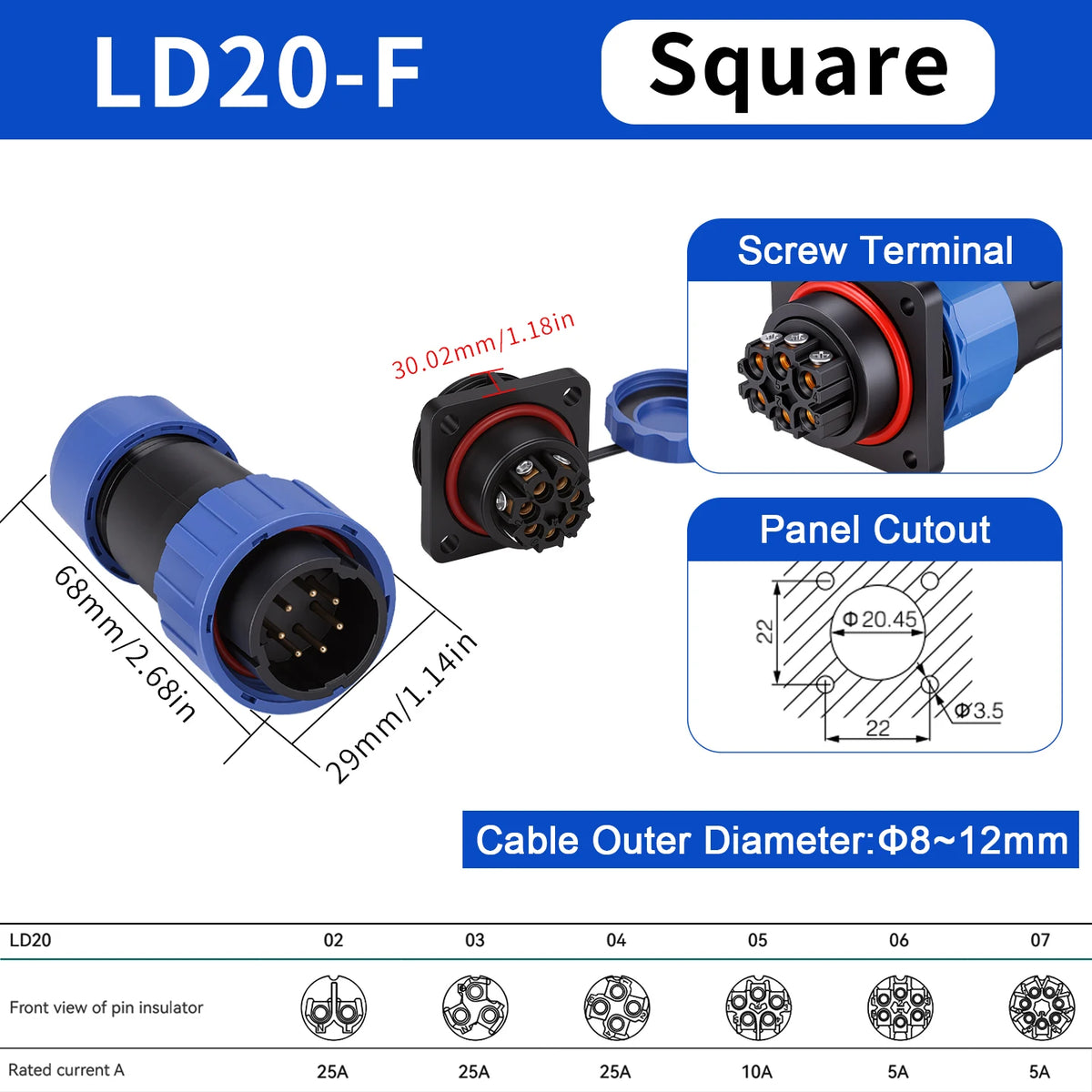 Waterproof IP68 Aviation Plug LD20-2/3/4/5/6/7 Pin No-welding Screw crimp Wire cable Connector Male Plug and Female Socket