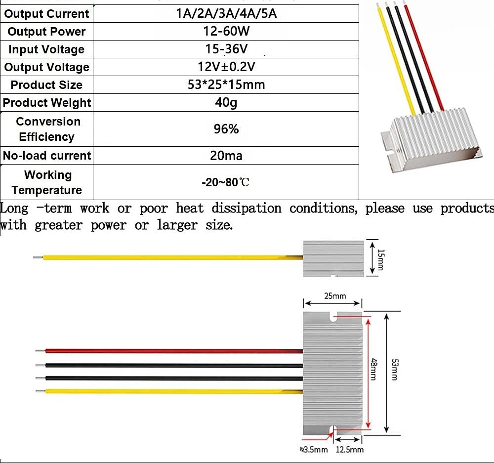 24V to 12V 1A-5A Buck Model Converter 60W Waterproof DC Step Down Model Power Converter Buck Voltage Regulator for Cars