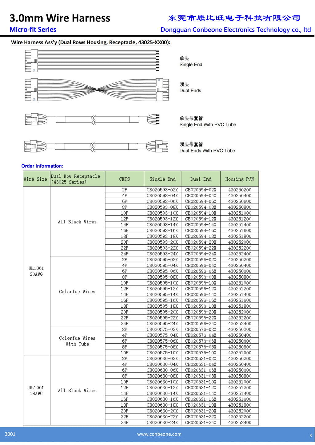 43025-0800 to 43020-0800 Extension Cable, 430250800 to 430200800 Female to Male Cable, Molex Micro Fit 3.0 Cable, 8P