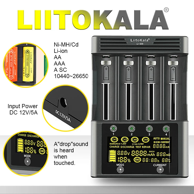 LiitoKala Lii-600 4 Bay LCD Smart Charger 3A Fast Charging 18650 21700 26650 26700 Li-ion NiMH AA AAA C Capacity Tester