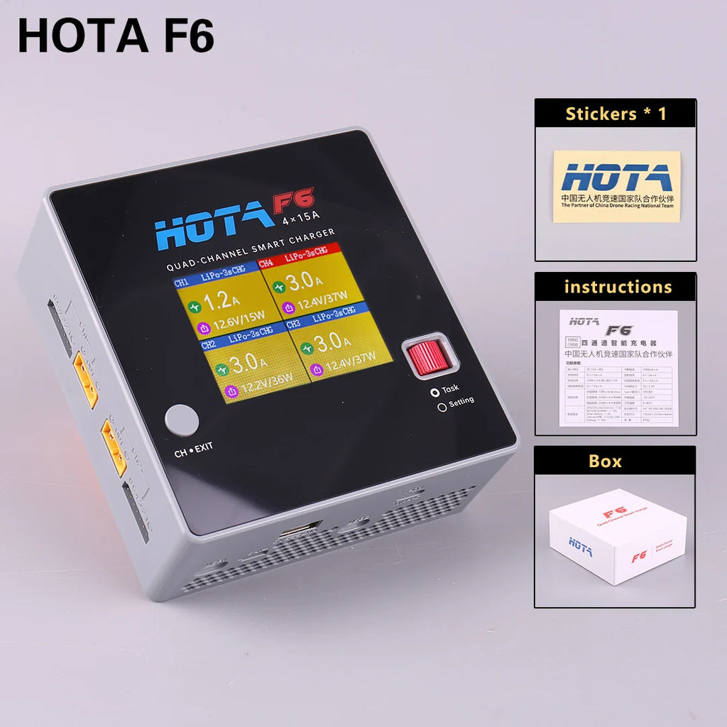 HOTA F6 QUAD-CHANNEL SMART Charger DC1000W 4*15A for Lipo LiIon NiMH Lipo Battery Balance Charger Discharger with USB 45W Type-C