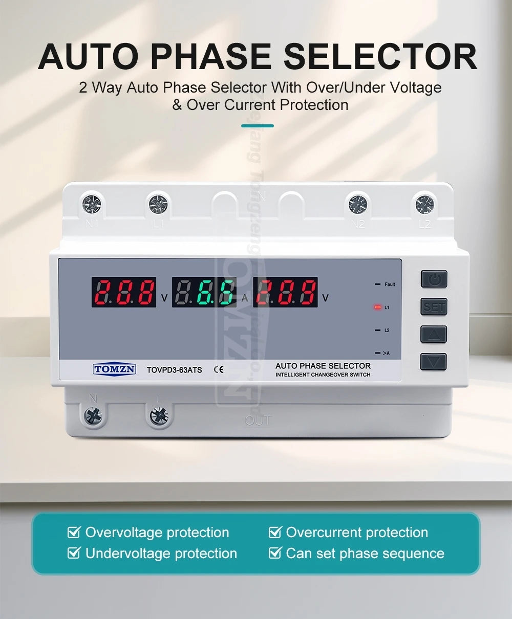 TOMZN Dual Power Automatic Transfer Switch Relay Over Under Voltage Current Protection with LED Display and Overload Cut Off