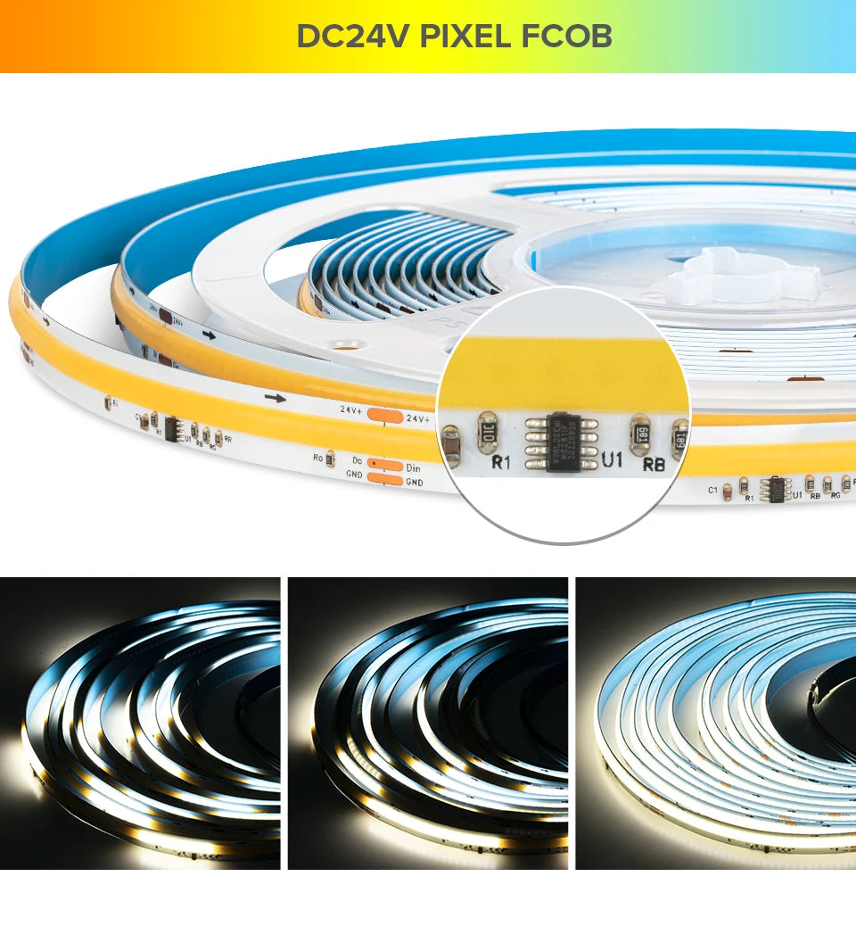 FCOB SPI DIM IC LED Light Strip Addressable 360LEDs 10mm 24V 60W High Density Flexible FOB COB Led Lights RA90 3000K 4000K 6000K