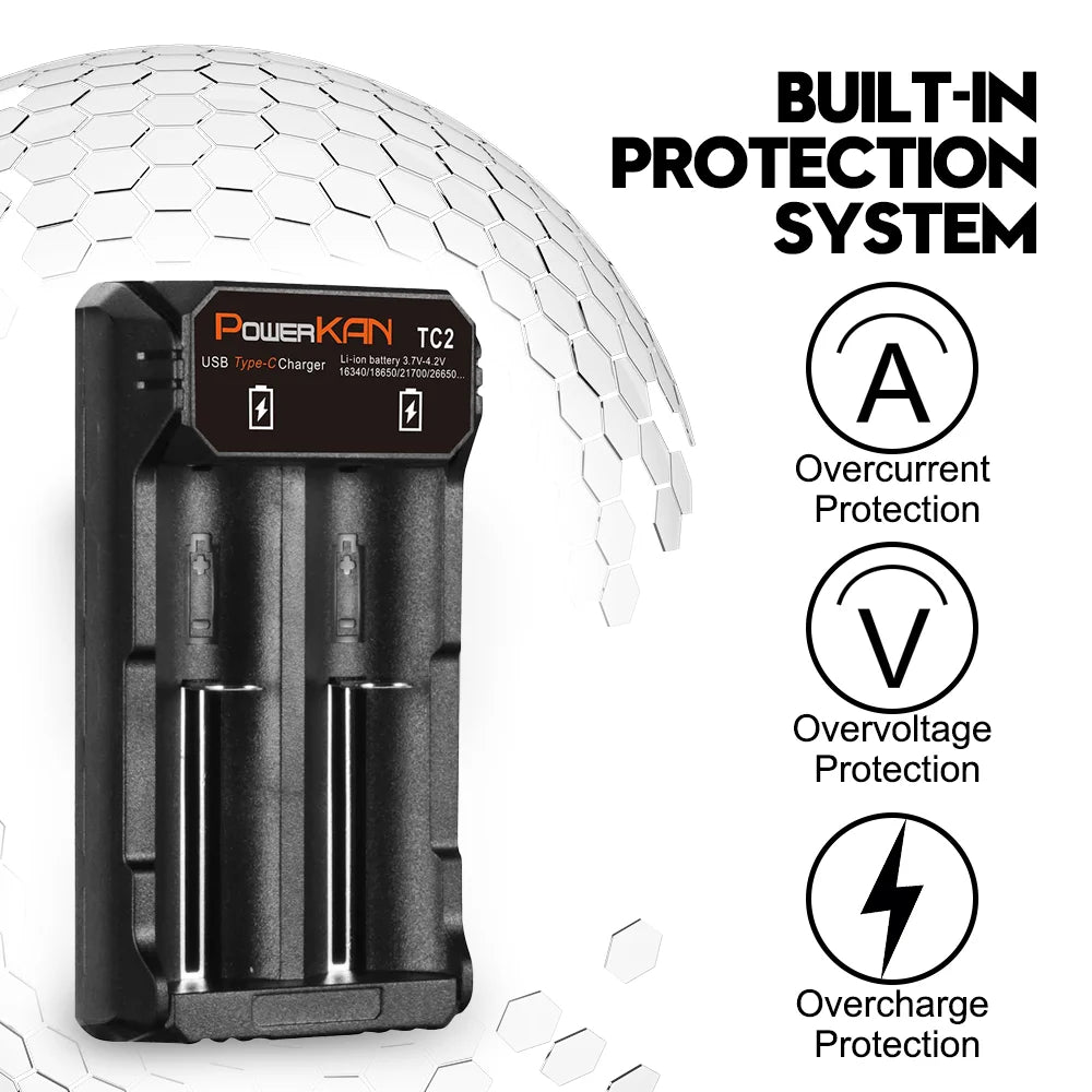 POWERKAN Battery Charger, Type-C USB Input, for 3.7V Li-ion Batteries Compatible with 2665016340 14500 21700 18650 Charging