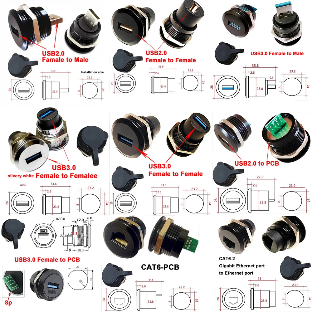 1Pcs Metal Round Socket Module D Type RJ45 Straight Through Network USB2.0 USB3.0 Connector Panel Mounting HDMI CAT6