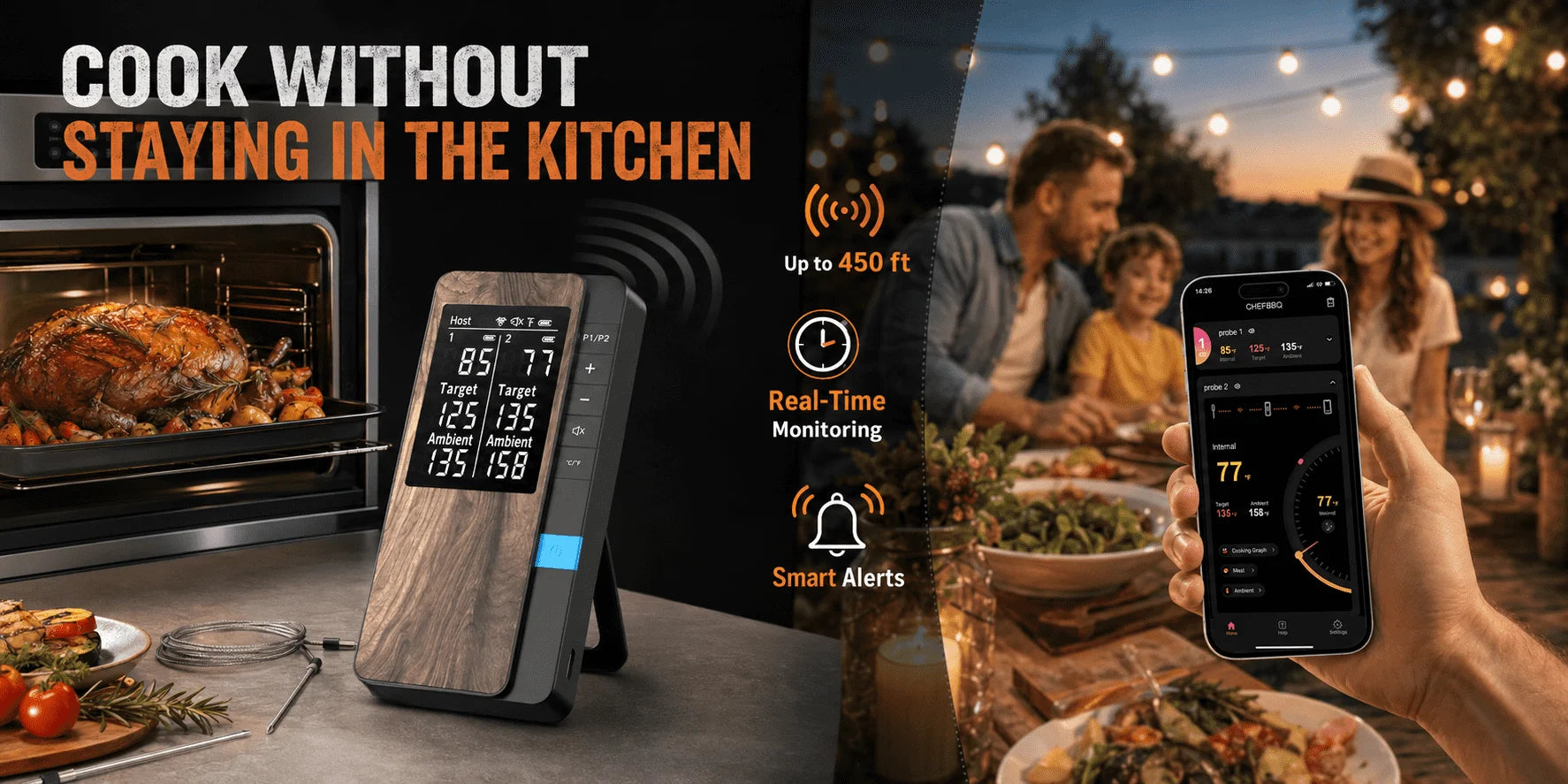Wireless Meat Thermometer Digital Bluetooth Probe Thermometer Rechargeable with LCD Screen & Mobile APP for BBQ Oven Rotisserie