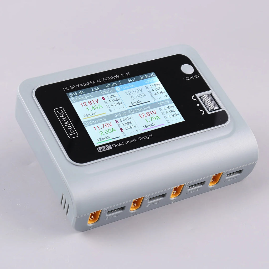 ToolkitRC Q4AC 4x50W 5A AC 100W 4 Port DC Smart Discharger Charger XT60/XT30 Optional for 1-4S Lipo Battery