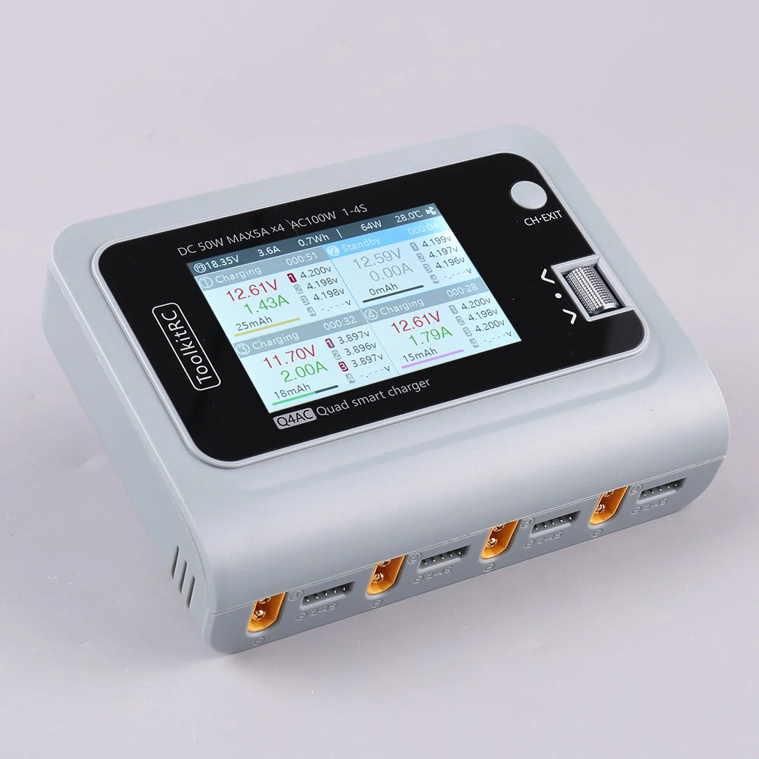 ToolkitRC Q4AC 4x50W 5A AC 100W 4 Port DC Smart Discharger Charger XT60/XT30 Optional for 1-4S Lipo Battery