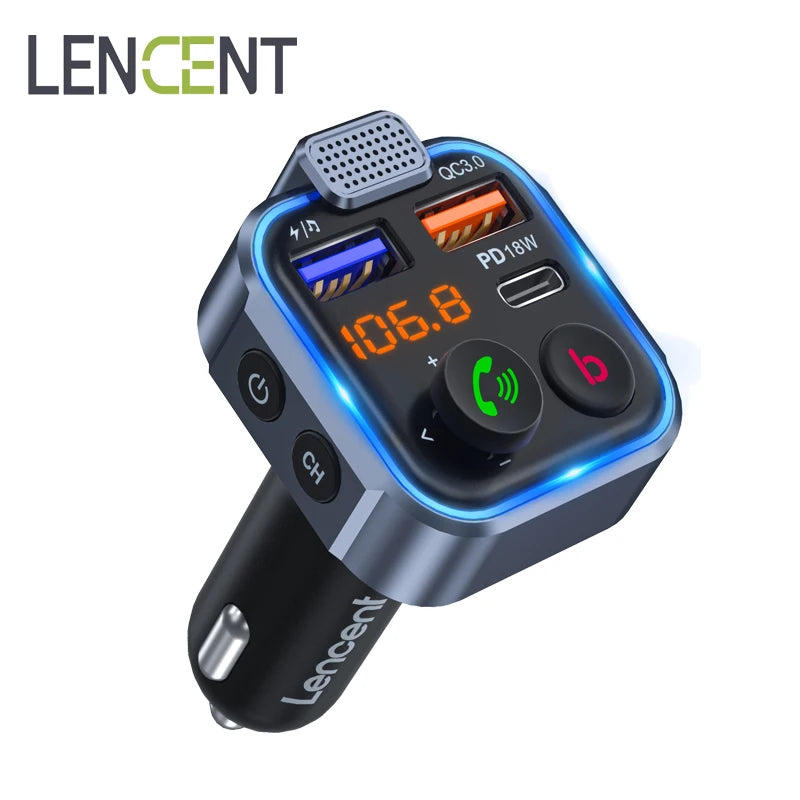 LENCENT FM Transmitter Wireless Bluetooth 5.0 Handsfree Car Kit with Type-C PD 20W+ QC3.0 Fast USB Mp3 Player