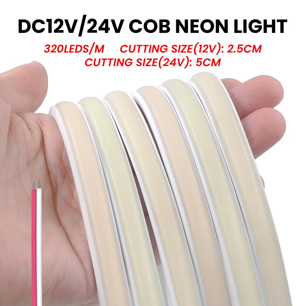 12V 24V COB LED Neon Strip Light Waterproof Ribbon Tape 2Pin Wire Warm Natural White 320LEDs/M Flexible Home Decor 0.5m 1m 2m 5m