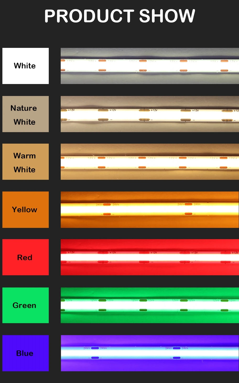 COB LED Strip Light High Density Linear Lighting 480/528Leds/m Flexible Tape Red Blue Green Warm Natural White Decor DC12 24V