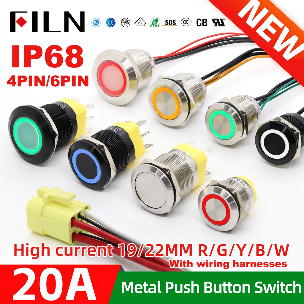 High Current 19mm 22mm 20A 12V 24V 110V 220V IP68 Waterproof Flat Ring Round Push Button Switch Metal Stainless Steel 20cm Wire