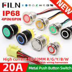 High Current 19mm 22mm 20A 12V 24V 110V 220V IP68 Waterproof Flat Ring Round Push Button Switch Metal Stainless Steel 20cm Wire