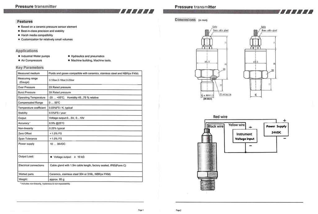 0-10bar 0-16bar 0-20bar Ceramics Pressure Transmitter 0-5V 0-10V Water Oil Air Gas Pressure Sensor
