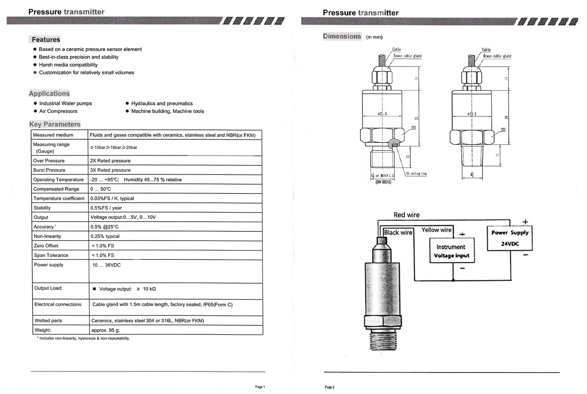 0-10bar 0-16bar 0-20bar Ceramics Pressure Transmitter 0-5V 0-10V Water Oil Air Gas Pressure Sensor