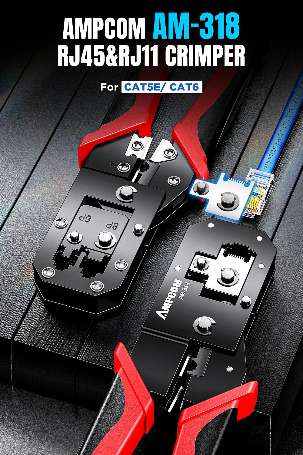 AMPCOM RJ45 Crimping Tool Ethernet Network LAN Cable Crimper Cutter Stripper Plier 8P RJ45 6P RJ12 RJ11 for Modular Connector