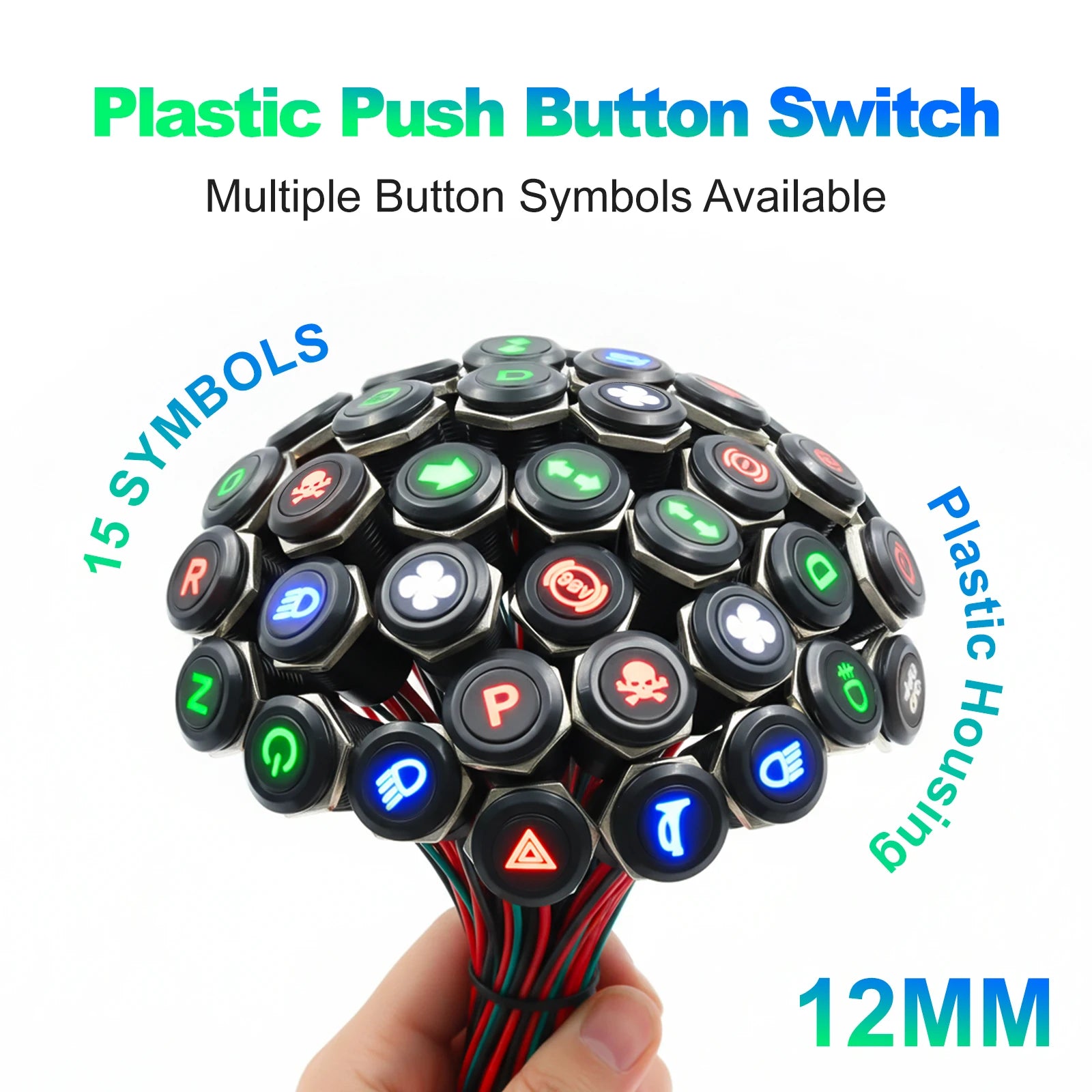 12mm Plastic Push Button Switch IP65 Waterproof 12V 24V Pre-Wired Symbol LED Dash Indicator Switch for Car Marine Boat RV Truck