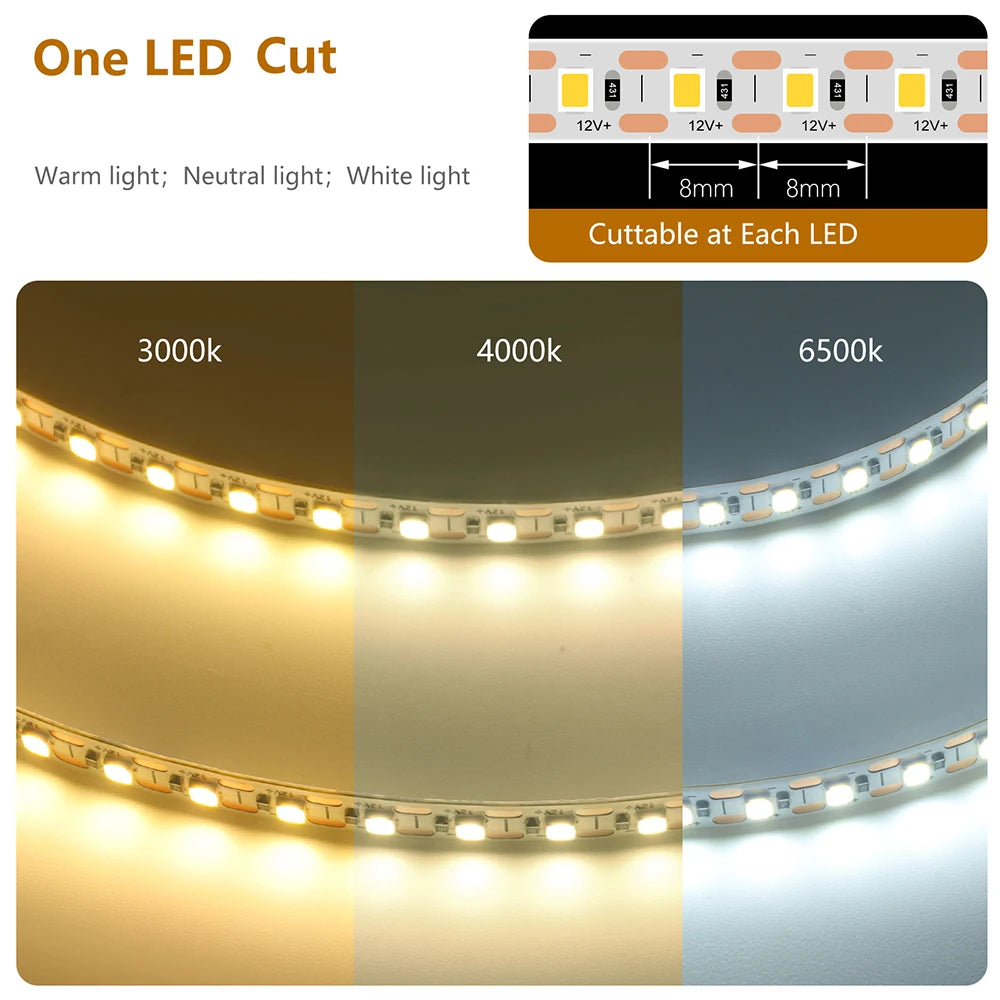 5mm 8mm PCB Led Strip Light 1 LED Cut 12V 24V 5m 2835 SMD 120LEDs/m High Brightness Flexible Tape LED Lighting Ribbon for Home