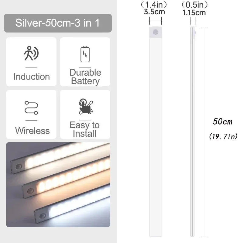 10-60cm USB Rechargeable Ultra-Thin Motion Sensor Light Magnetic Mount  3-Color Adjustment Under Cabinet Light for Home Office