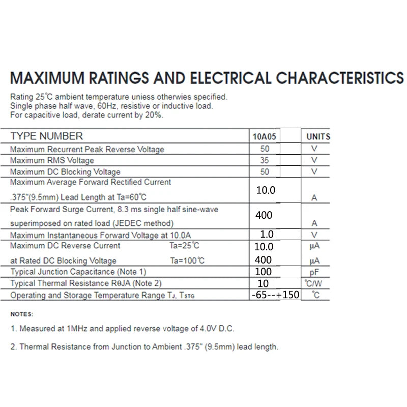 10PCS 10A10 Rectifier Diode 10A 1000V Schottky Axial Switching Doorbell Diodes 10 Amp 1000 Volt Dioden R-6 Package