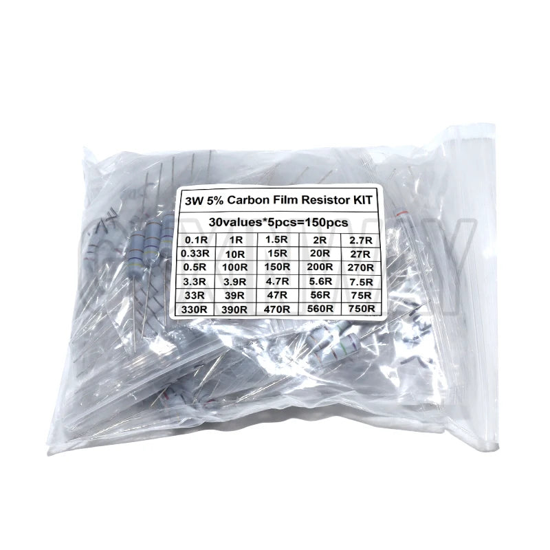 150PCS 300PCS Resistor Kit 1W 2W 3W 5W 5% 30Kinds X 10PCS Carbon Film Resistance 0.1-750 ohm Set 1k-820K 30Kinds X 5PCS