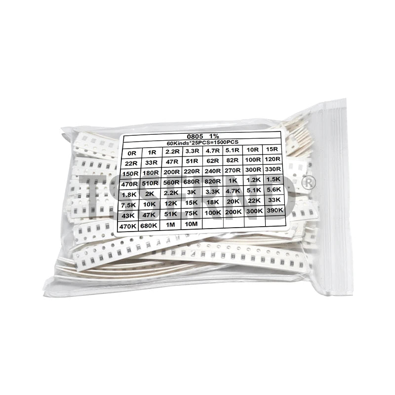 1500PCS SMD 0603 0805 Resistors Assorted Set (60 Values X 25Pcs) 0R-10M Ohm 1% High Precision Film Chip Resistance Kit
