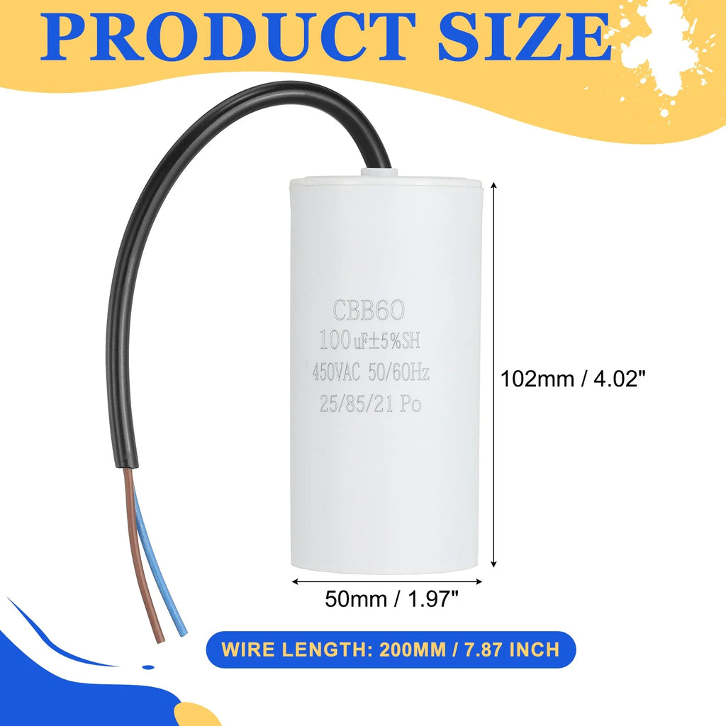 1Pcs CBB60 Run Capacitor 3uf-100uf 450V AC 2 Wires 50/60Hz Cylinder White for Air Compressor Water Pump Motor