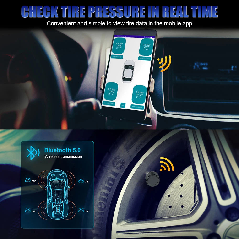 Bluetooth 5.0 External Mobile Phone APP Display TPMS Android/IOS Tire Pressure Monitoring System Car Tire Pressure Sensors